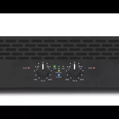 Amplificador profissional preto com botões e luzes indicadoras coloridas