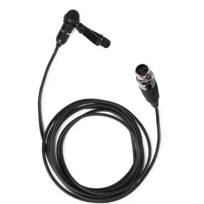 Microfone de lapela preto com cabo e conector XLR