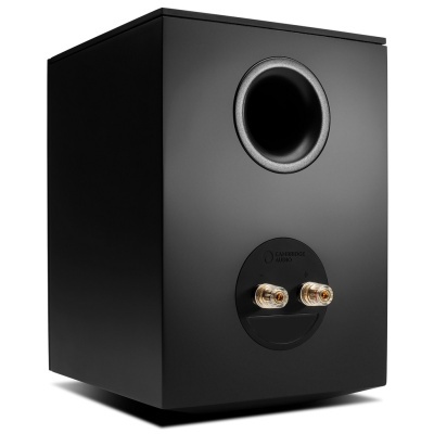 Subwoofer preto com porta bass reflex circular e terminais dourados na parte traseira.