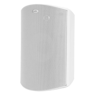 Coluna de som branca com grelha metálica texturizada e etiqueta Polk