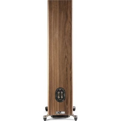 Coluna de som em madeira castanha com consola preta na parte inferior