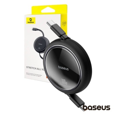 Cabo USB-C baseus preto com design redondo e embalagem branca e amarela