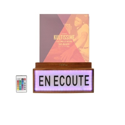 Luz de madeira com painel luminoso EN ECOUTE, comando remoto e disco de vinil rosa Kultissime