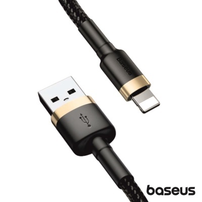 Cabo USB para Lightning preto com detalhes dourados e marca baseus