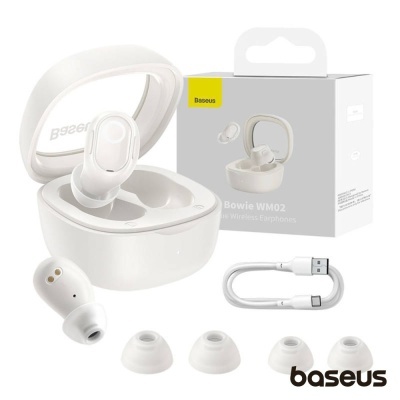 Auriculares sem fios Baseus Bowie WM02 brancos com estojo e acessórios
