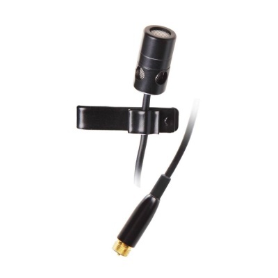 Microfone preto pequeno com clip e cabo com conector dourado