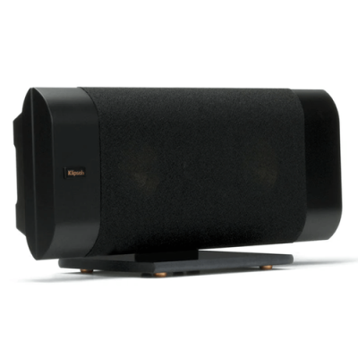 Coluna Klipsch preta com grelha de tecido e base metal