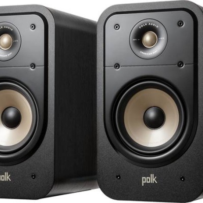 Par de colunas de som Polk pretas com tweeter dourado e alto-falante principal bege.