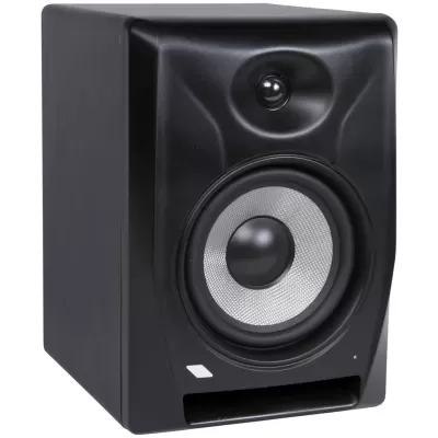 Monitor de áudio preto com cone prateado e tweeter circular