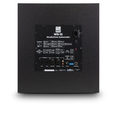 Subwoofer Kali WS-12 preto com painel traseiro e conexões