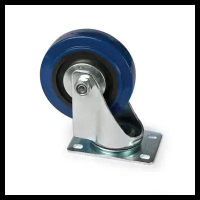 Rodízio com roda azul e suporte metálico sobre fundo branco