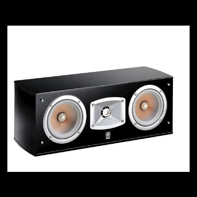 Coluna de som preta retangular com duas colunas circulares bege acastanhadas e coluna central branca com logotipo Yamaha