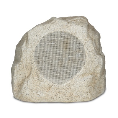 Coluna de som exterior em forma de pedra bege com grelha metálica