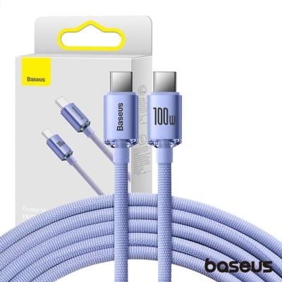 Cabo USB Tipo-C roxo da marca Baseus com embalagem branca e amarela