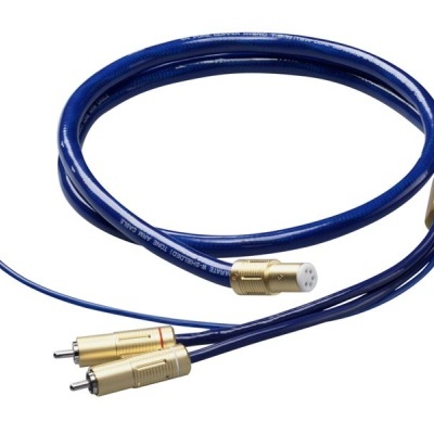 Cabo de áudio azul com conectores RCA e DIN dourados