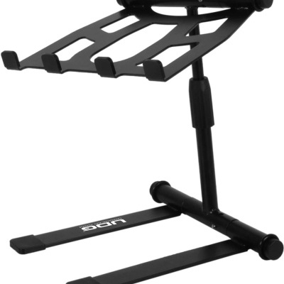 Suporte preto de metal para guitarra com apoio acolchoado e base com pés de borracha e logo UDG