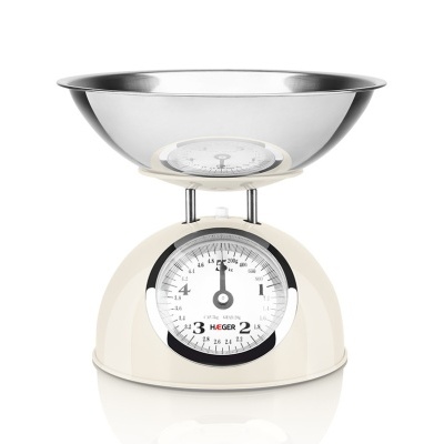 Balança de cozinha mecânica com prato metálico e mostrador branco