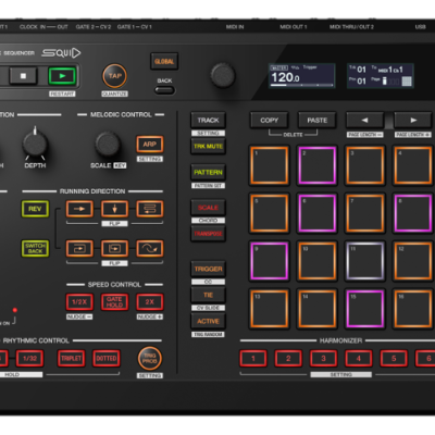 Mesa de mistura para música TORAIZ SP-16 com botões coloridos e ecrã digital