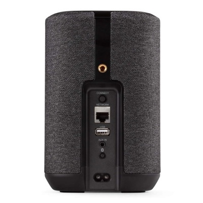 Coluna inteligente cinza com várias portas e botões na parte traseira