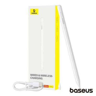 Caneta digital branca Baseus com cabo USB e embalagem em branco e amarelo