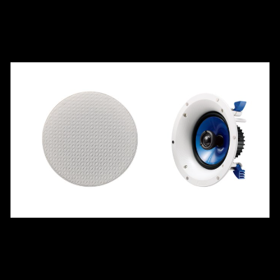 Colunas de alto-falantes redondas com grelha cinza e cones azuis expostos