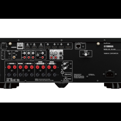 vista traseira de amplificador Yamaha com várias conexões e texto