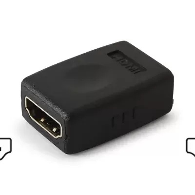 Adaptador HDMI preto com conetores fêmea em ambas extremidades