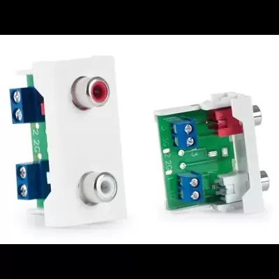 Módulos de áudio RCA para parede com conectores vermelho e branco e placas de circuito