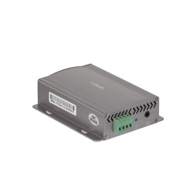 Dispositivo eletrónico cinza com conectores verdes e etiquetas