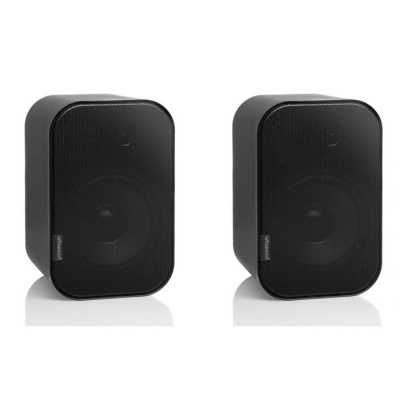 Par de colunas de áudio pretas com grelha frontal em padrão de malha