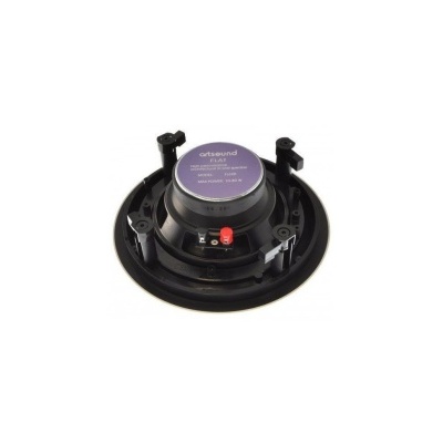 Coluna de som redonda preta com etiqueta roxa e suporte de montagem