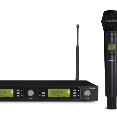 Sistema de microfone sem fio com dois microfones e receptor preto