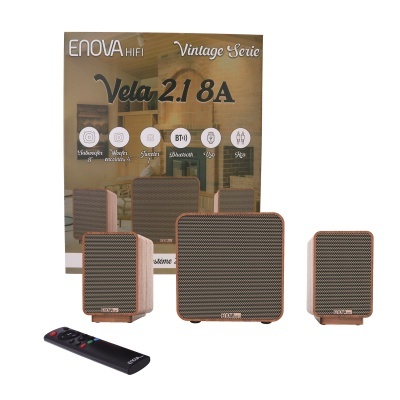 Conjunto de colunas Enova HiFi Vintage Serie Vela 2.1 8A com comando remoto e embalagem