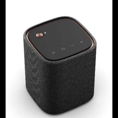 Coluna de som portátil preta com controlo táctil e acabamento em tecido