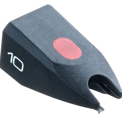 Agulha gira-discos preta com padrão cinza, vermelho e número 70 branco