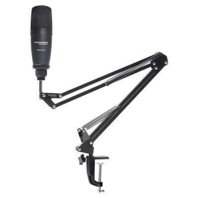 Microfone preto com suporte de braço articulado