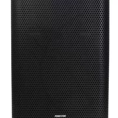Coluna de som preta com grade metálica e logo Fonestar