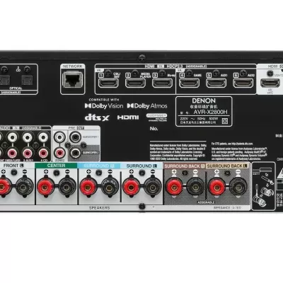 Painel traseiro preto do amplificador Denon AVRX2700h com várias conexões e etiquetas.