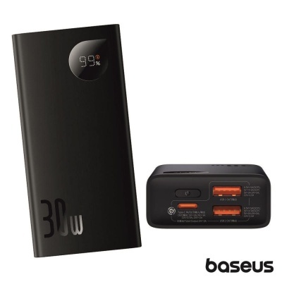 Power bank preto Baseus com display digital e duas portas USB laranja