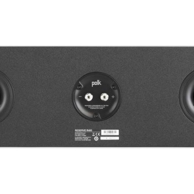 Coluna de som preta retangular com conectores RCA e texto POLK e Reserve R200 C