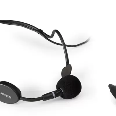 Microfone headset preto com cabo e conector XLR