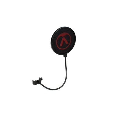 Pop filter preto para microfone com símbolo vermelho e suporte flexível.
