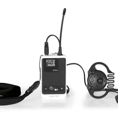 Sistema de microfone sem fios com receptor, faixa e auricular preto