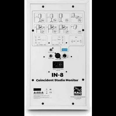Painel traseiro branco do monitor de estúdio IN-8 da Kali Audio com conectores e etiquetas