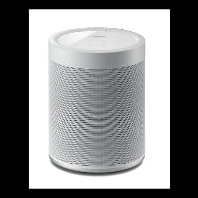 Coluna de som portátil branca com grelha metálica e topo com botões