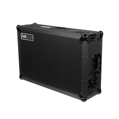 Estojo rígido preto com textura tipo colmeia e etiqueta UDG