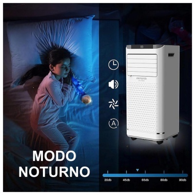 Purificador de ar branco ao lado de criança a dormir em ambiente escuro