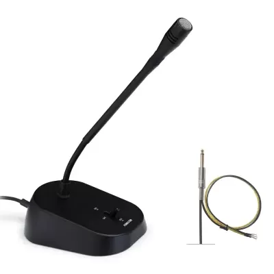 Microfone de secretária preto com base e cabo com ficha jack