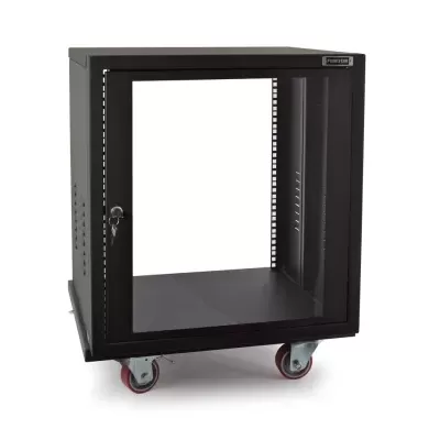 Armário metálico preto com porta de vidro e rodas vermelhas.