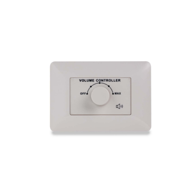 Controlador de volume branco com botão e texto